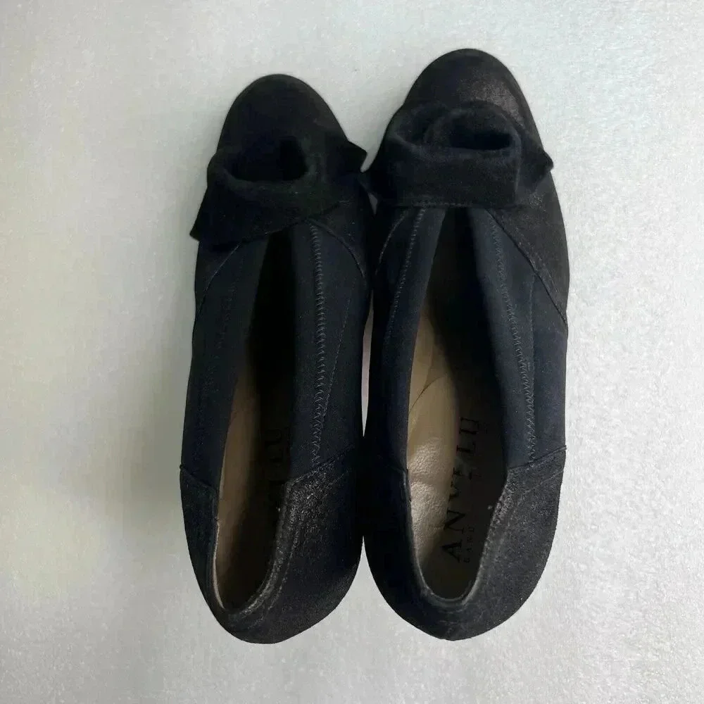 ANYI‎ LU Hand Made Italy Heels Black Fabric Metallic Leather Bow Detail Formal 9